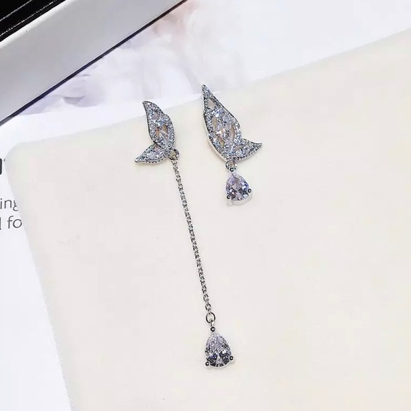 CZ Crystal Drop Butterfly Mismatched Earrings - Picture 2 of 5